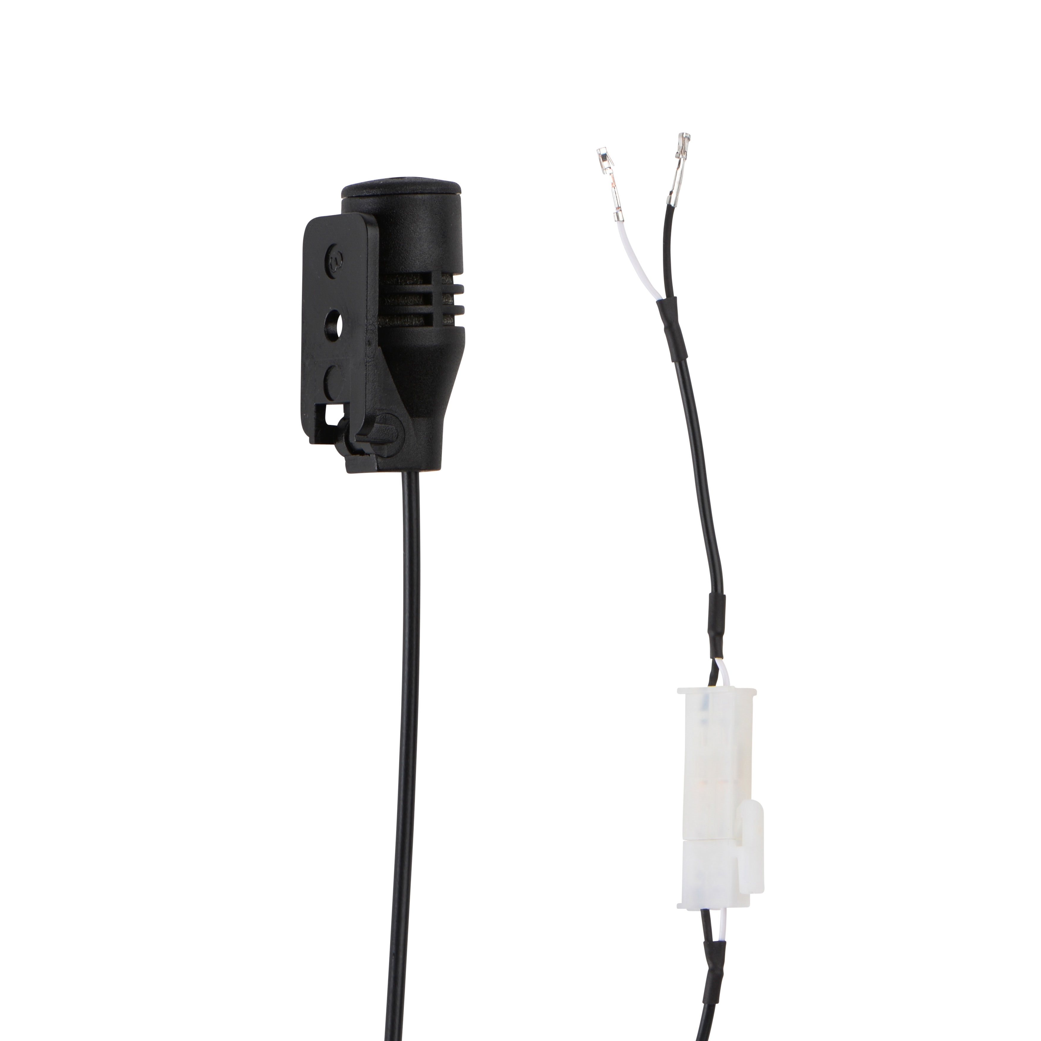 Black microphone with clip and exposed cable with connector.