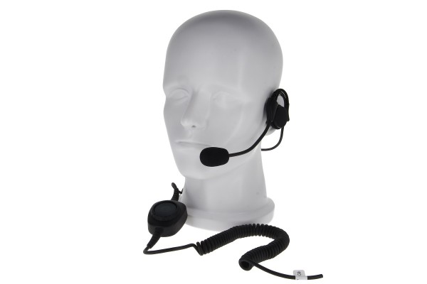 Kopfmodell mit Headset und Mikrofon. Spiralkabel angeschlossen.