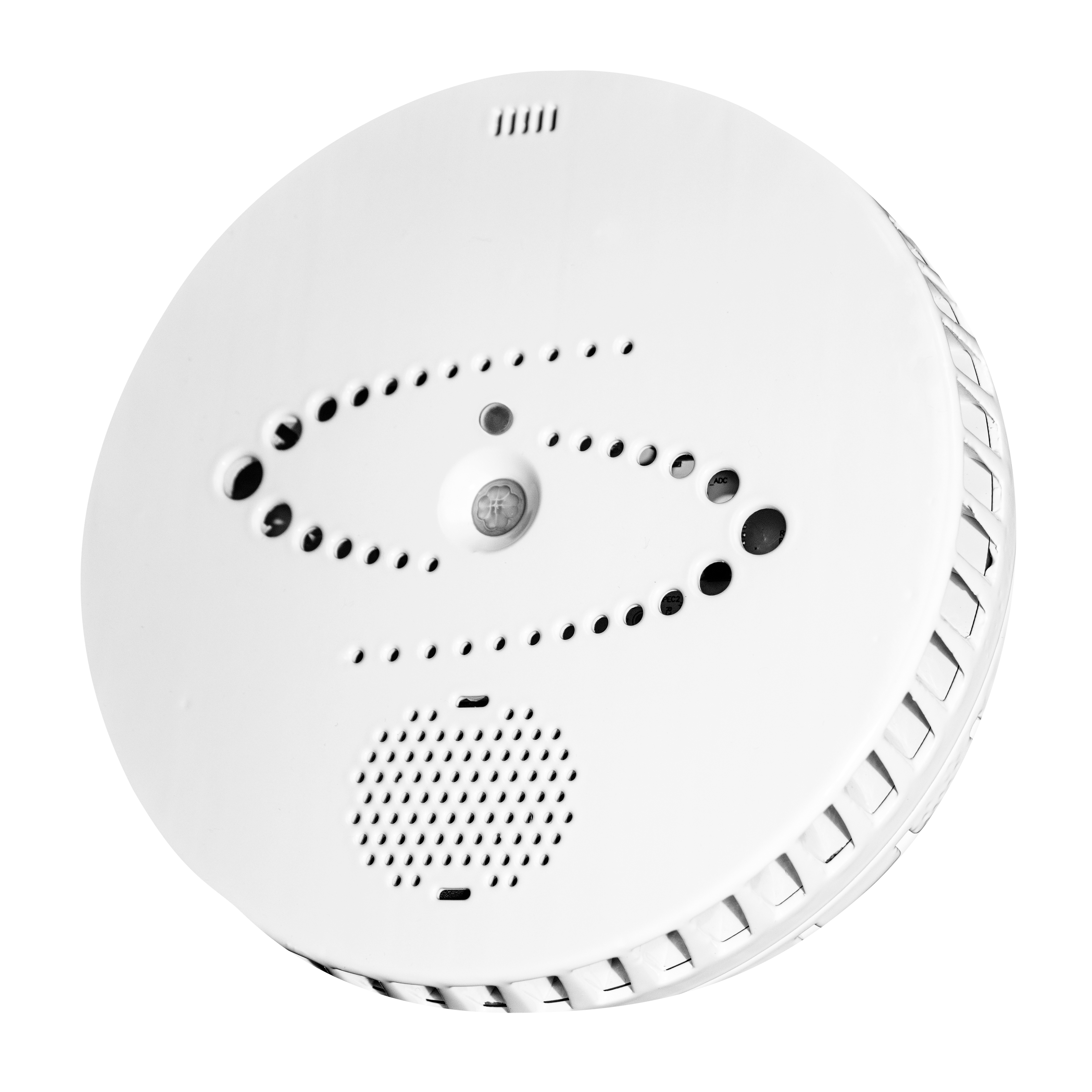 Round smoke alarm with ventilation slots and sensors.