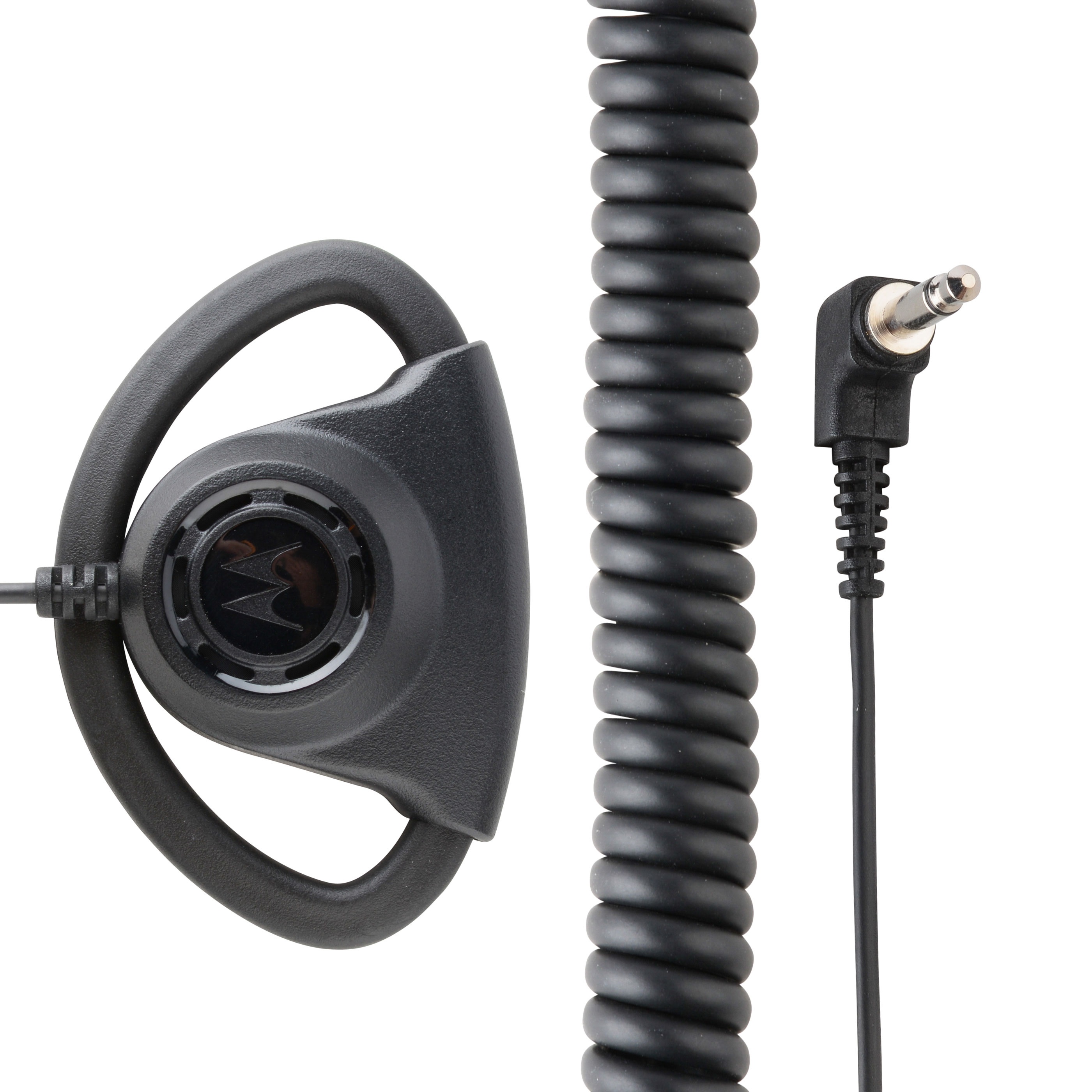 Schwarzer Ohrhörer mit Spiralkabel und Klinkenstecker.