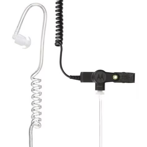 Transparentes Funkgerät-Ohrhörer-Set mit Spiralkabel und Mikrofon.
