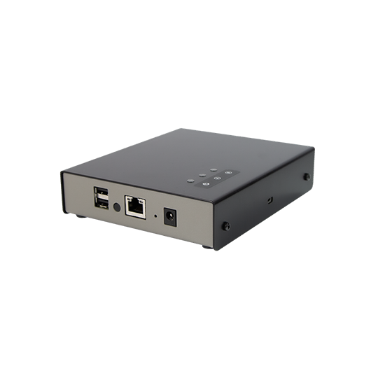 Schwarzes Gerät mit USB-, LAN- und Stromanschluss, seitlich angeordnet.
