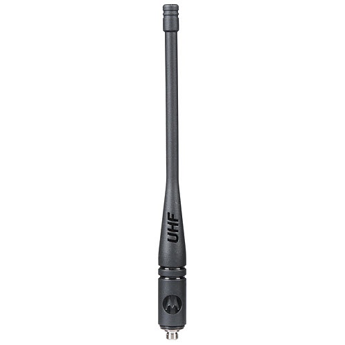 Schwarze UHF-Antenne mit Schraubgewinde für Funkgeräte.