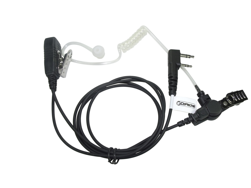 Ohrhörer mit Schallschlauch, Mikrofon und zwei Audiosteckern.