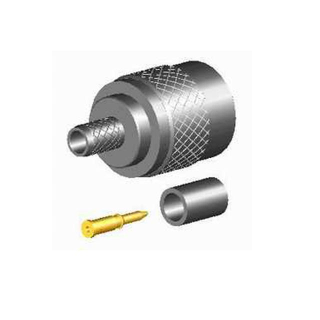 Zerlegter koaxialer Steckverbinder mit Metallgehäuse, Hülse und Stiftkontakt.
