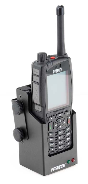 Radio device in a charging dock with antenna and keypad.