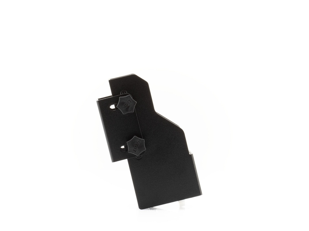 Black plastic bracket with two screws on white background.