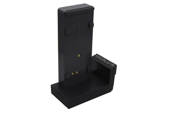Black charging stand with vertical connector area.