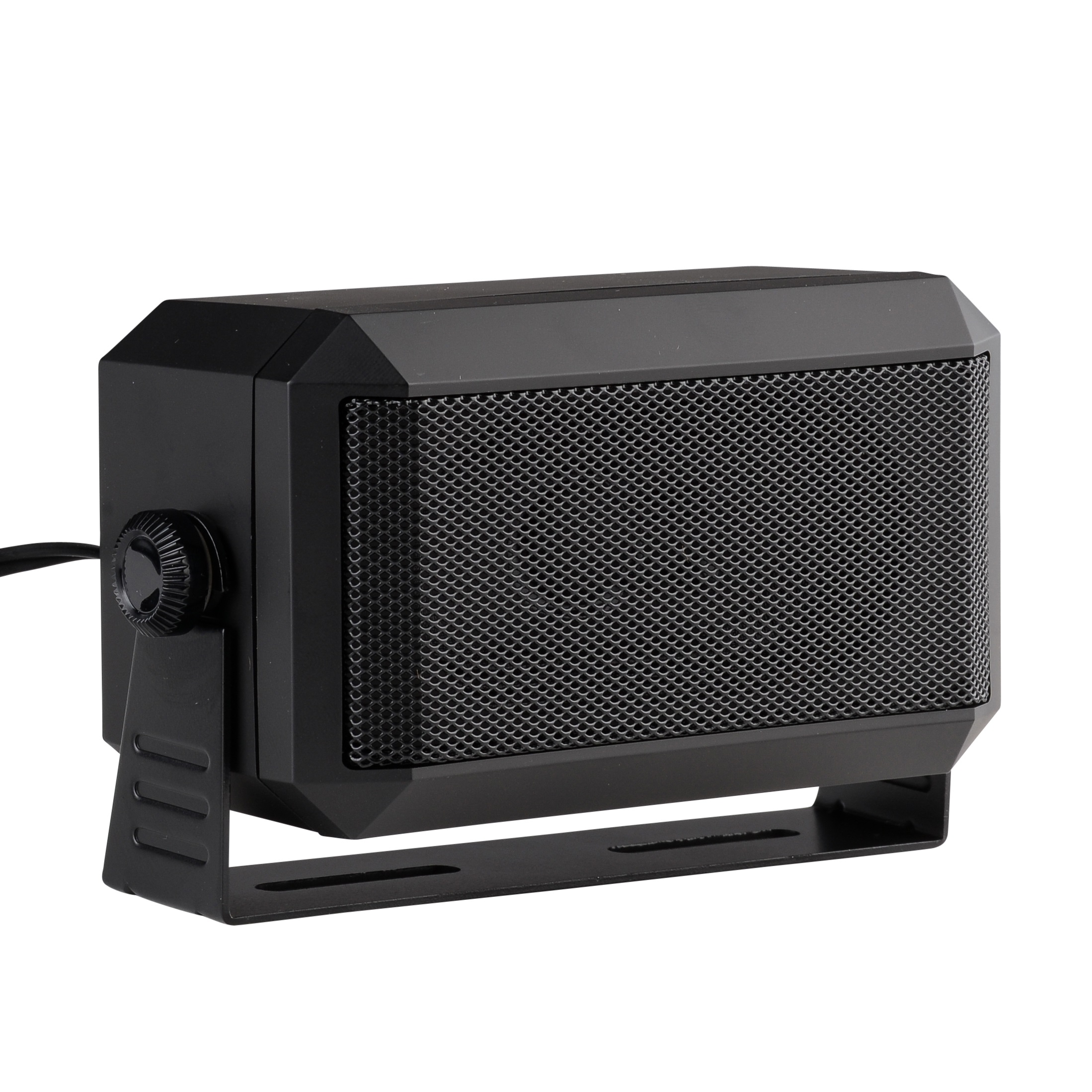 Black speaker with mesh front and side stand.