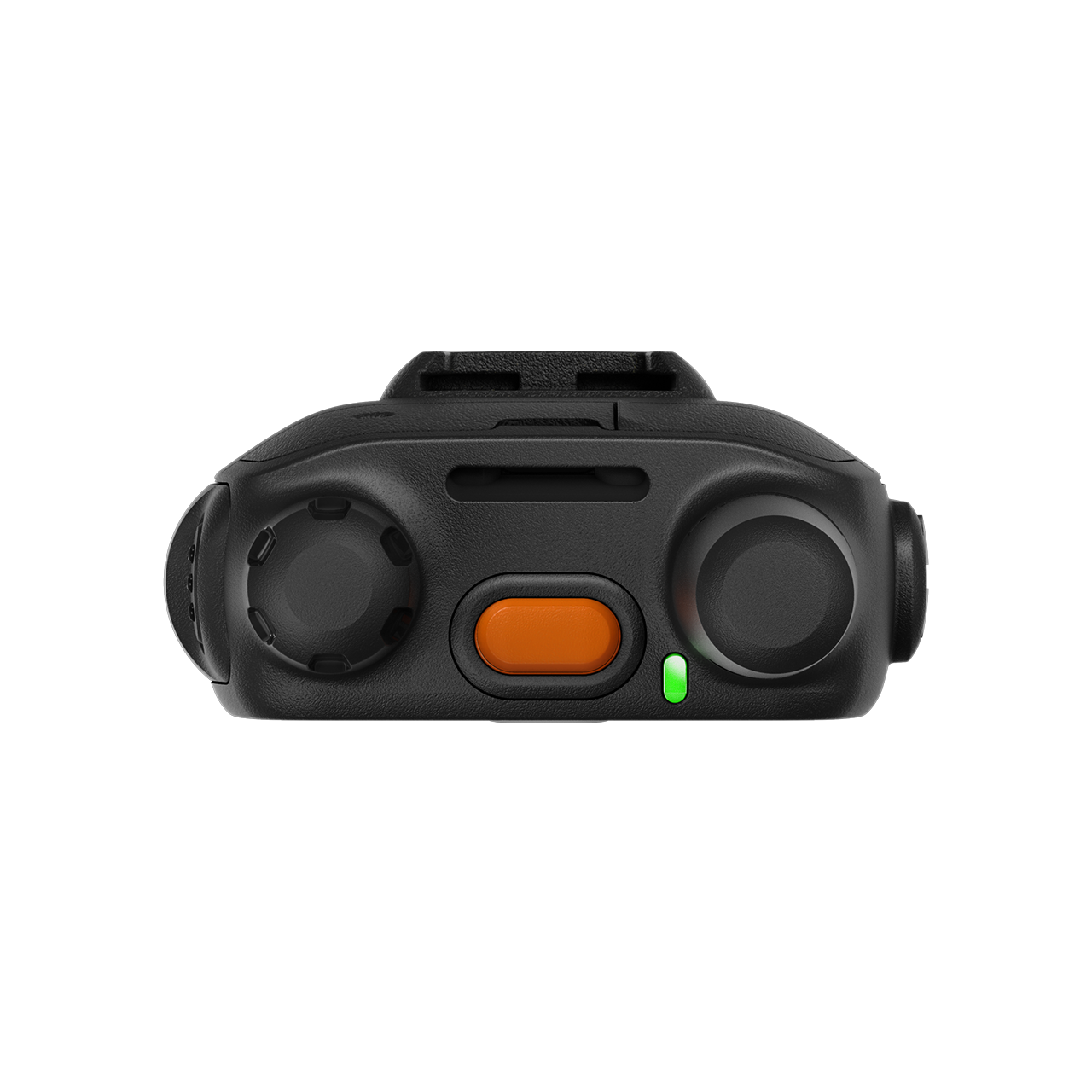 View of a black device with two buttons, one orange and one green.