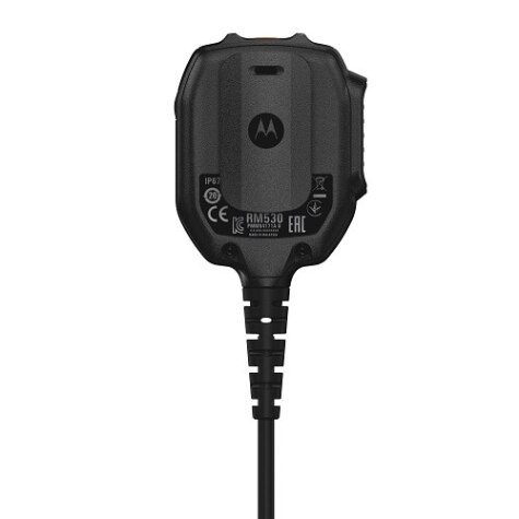 Black device with round top, connected by cable, featuring Motorola logo and technical specifications.