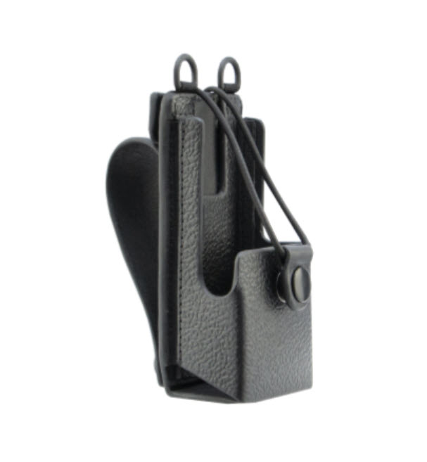 Schwarzer Gürtelclip aus Leder mit Drahtbügel und Druckknopfverschluss.