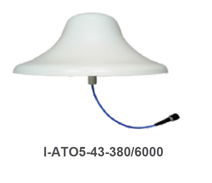 Weiße UFO-förmige Antenne mit blauem Kabel, Modellnummer I-ATO5-43-380/6000.