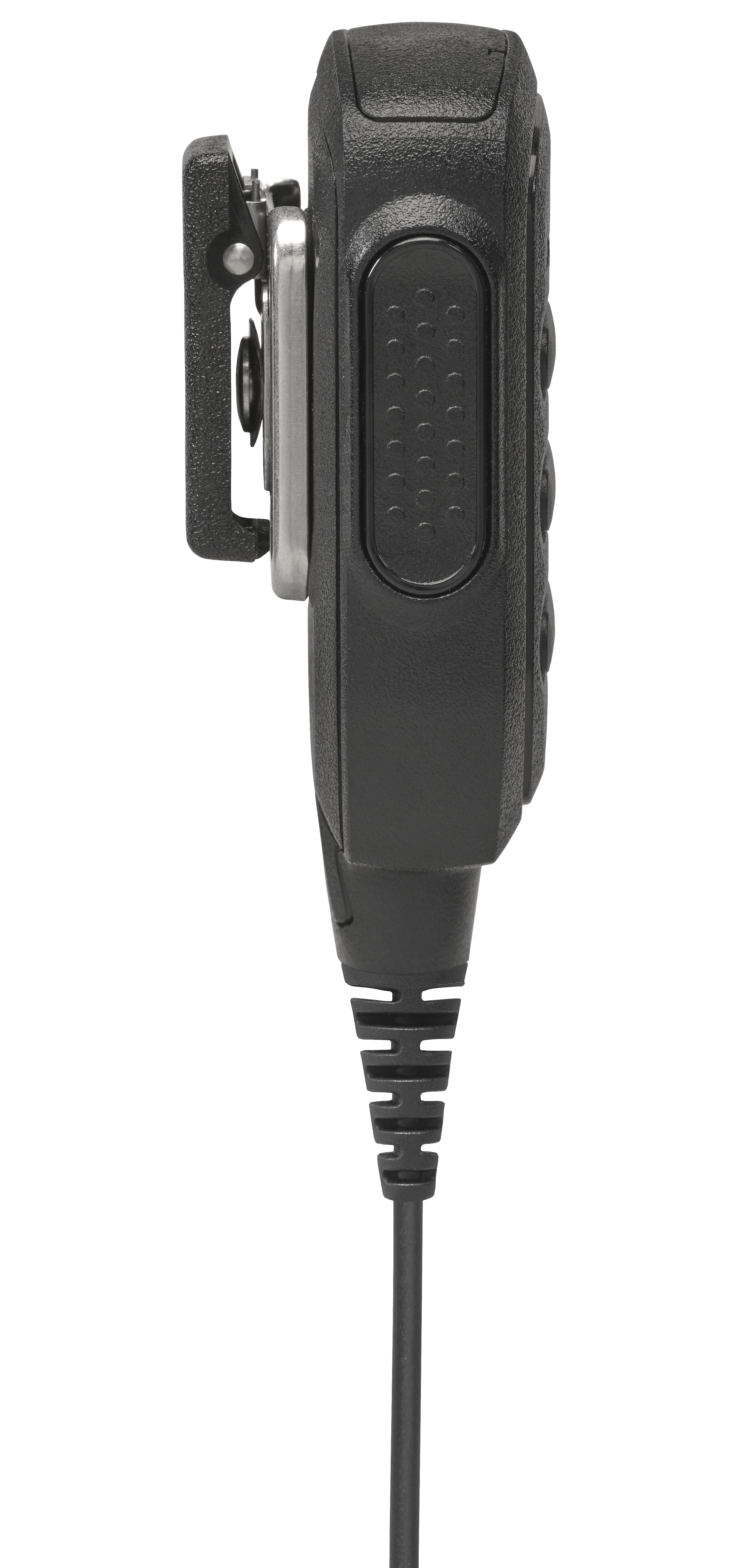 Side view of a communication device with buttons and a cable.