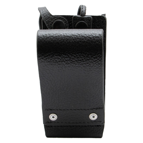 Black leather belt pouch with two snap buttons.