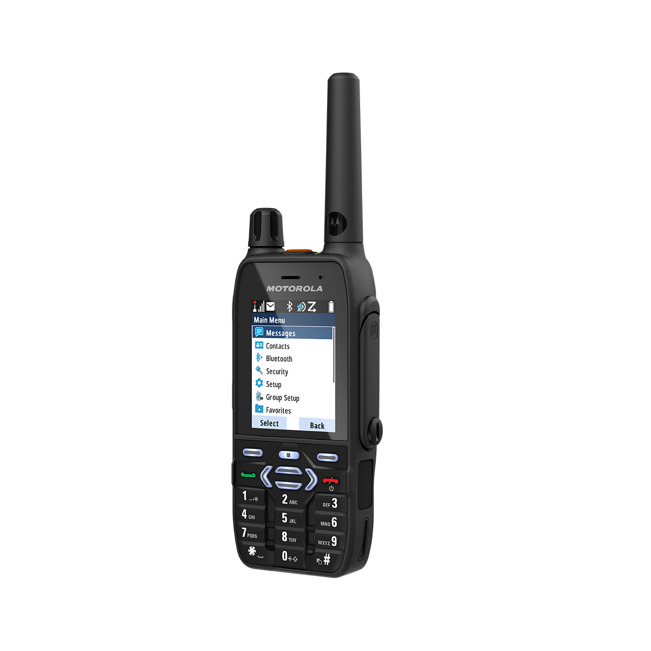 Funkhandgerät mit Display und Menüoptionen: Nachrichten, Kontakte, Bluetooth, Sicherheit.