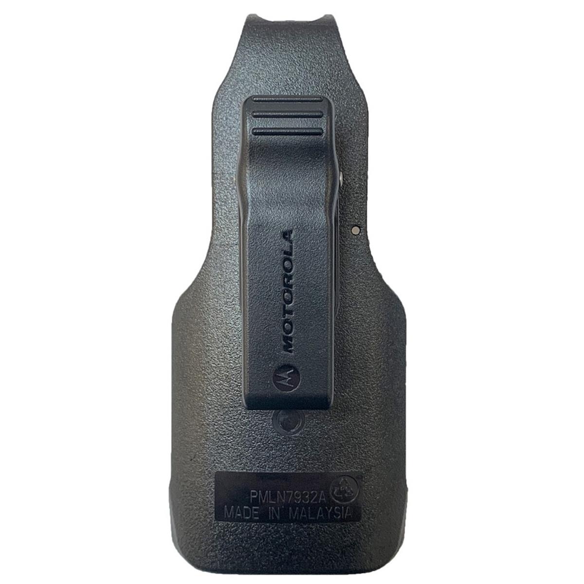 Black Motorola radio holster with 'Made in Malaysia' printed.