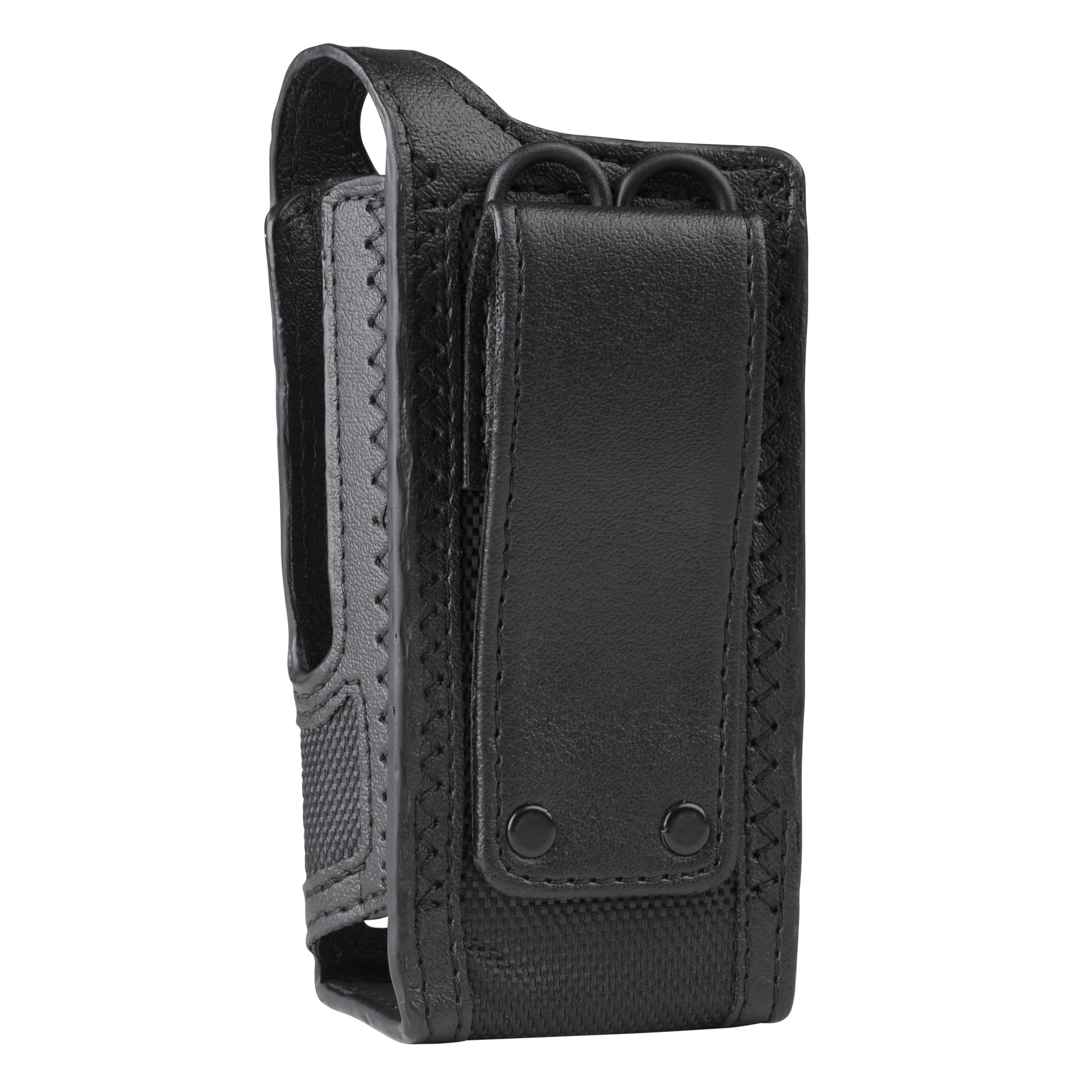 Schwarze Tasche aus Leder und Textil mit zwei Druckknöpfen.