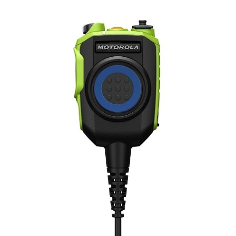 Ein grünes und schwarzes tragbares Funkgerät mit Motorola-Logo.