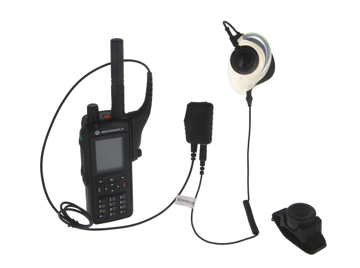 Funkgerät mit Antenne, Ohrhörer, Mikrofon und Gürtelclip.