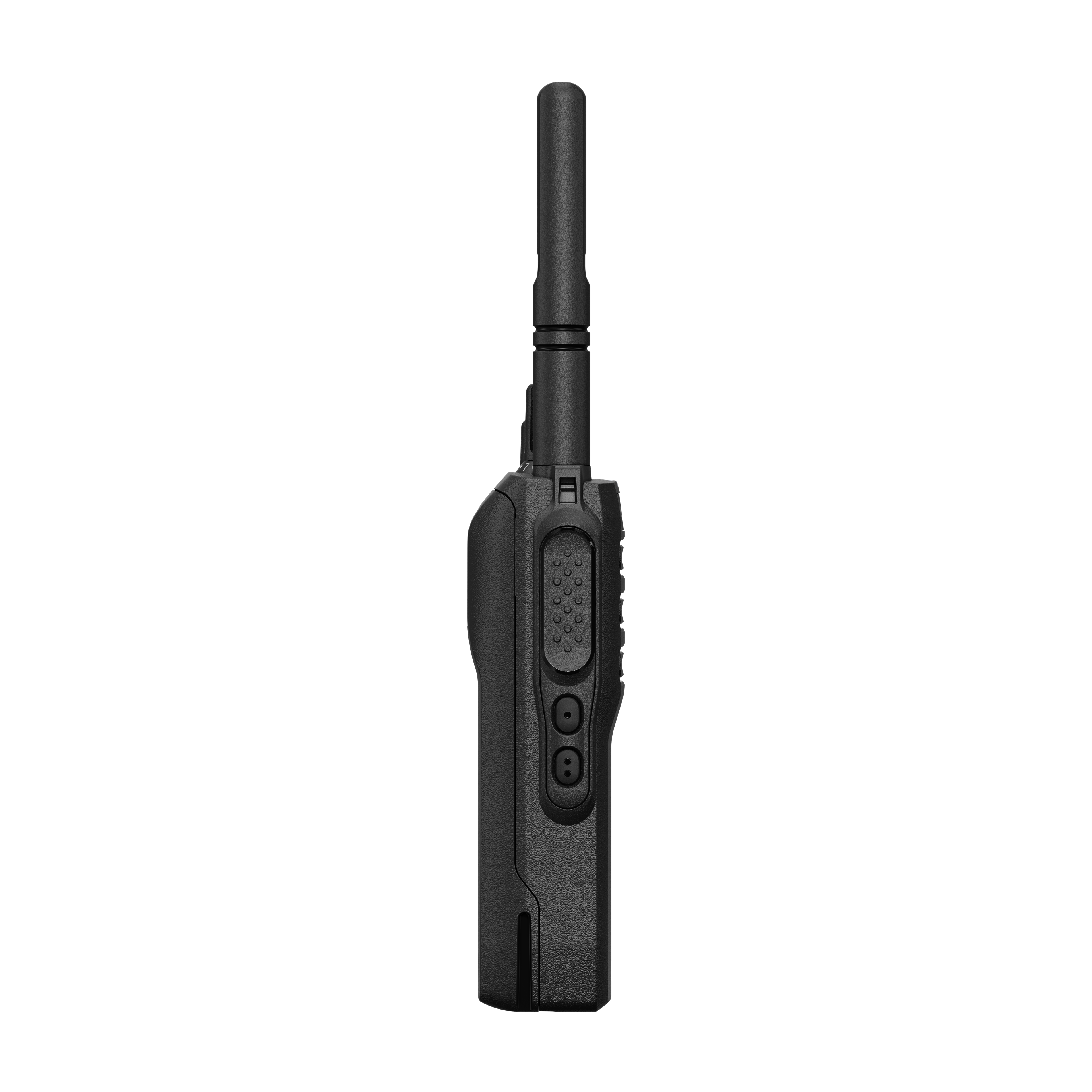 7000_00753748_MOT_03.png Black walkie-talkie from the side with buttons and antenna.