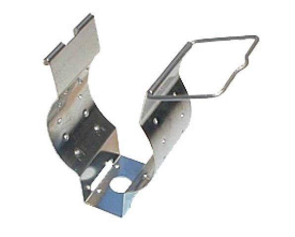 Metallklammer mit Löchern und gebogenem Griff.