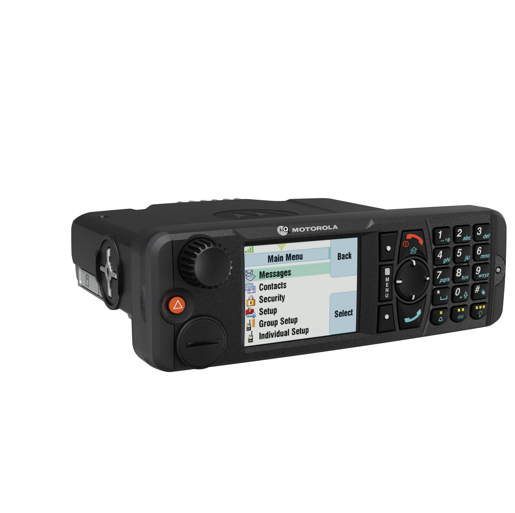 Handheld radio with display and keypad, showing main menu with options.