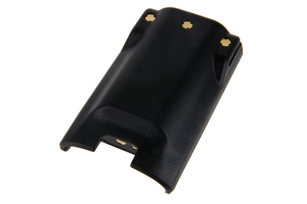 Black battery with gold contacts, rectangular shape.