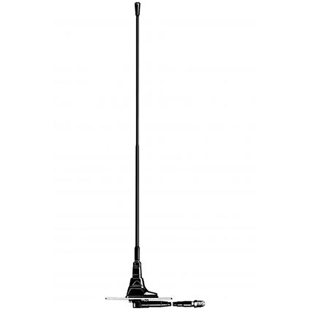 Black car roof antenna against white background, tall pole.