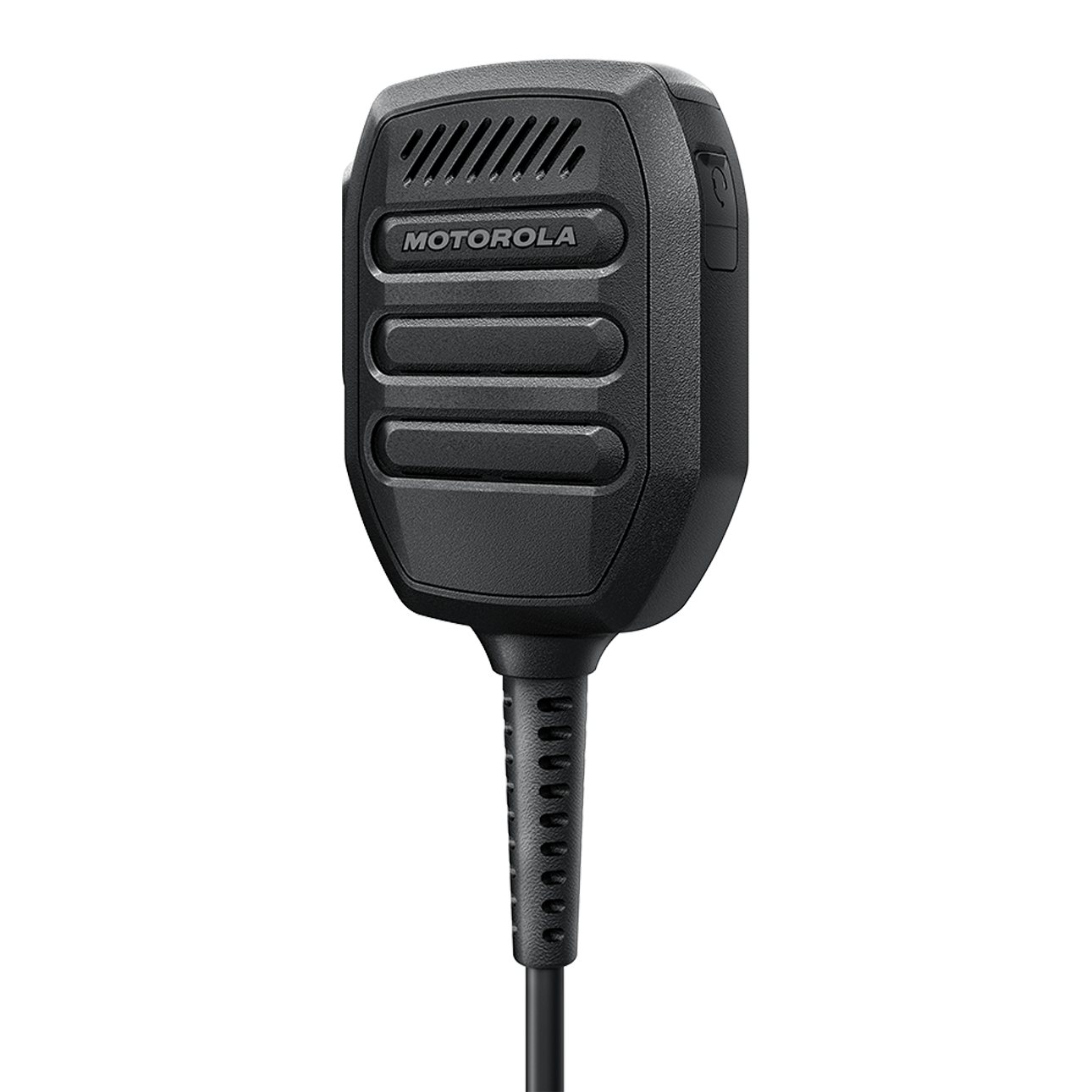 Schwarzes Handmikrofon mit Kabel und Branding.