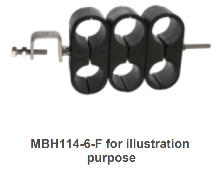 Metal pipe clamp with three loops and screw bracket.