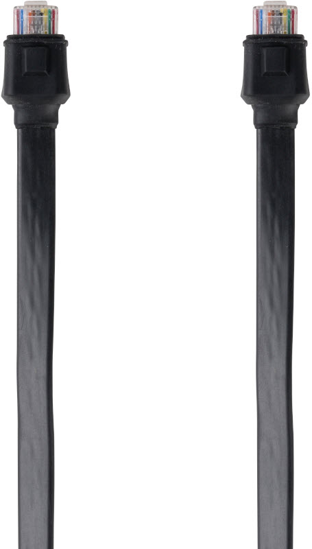 Zwei schwarze Netzwerkkabel mit durchsichtigen Steckerenden.