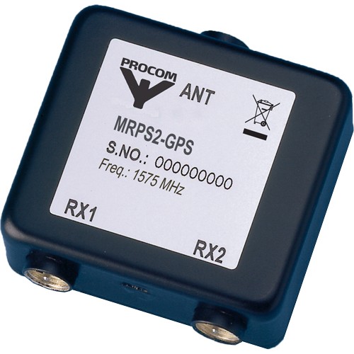 Black GPS antenna by Procom with two connectors, serial number 0000000000, frequency 1575 MHz.