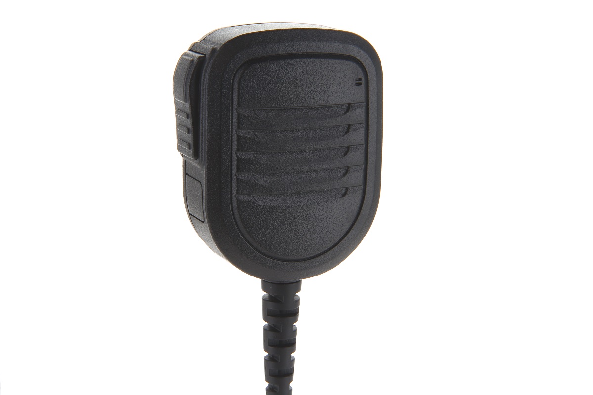 Black handheld microphone with ribbed buttons on a cord.