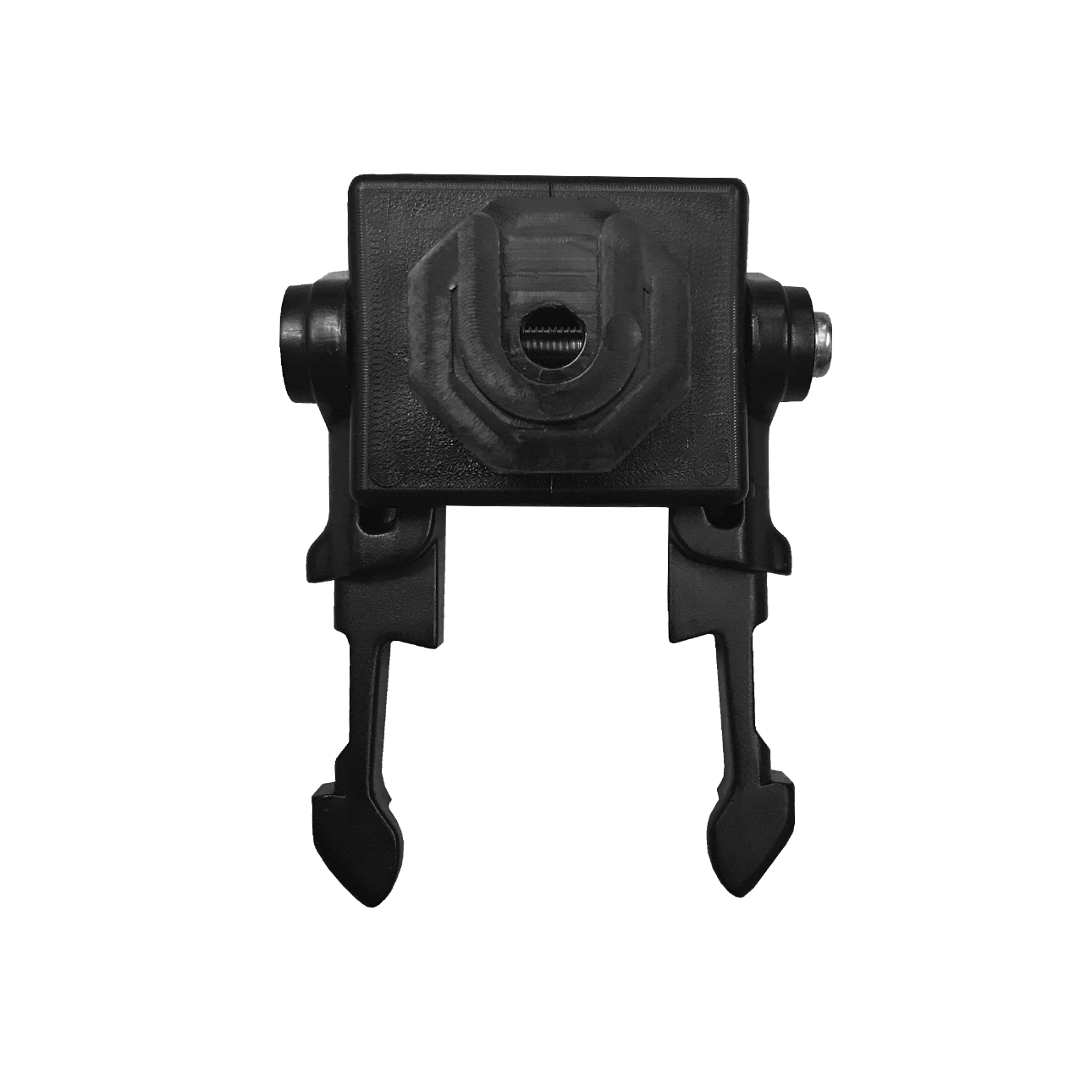7000-00753665_mot_01.png Schwarze Plastikhalterung mit zentralem Loch und zwei seitlichen Armen.