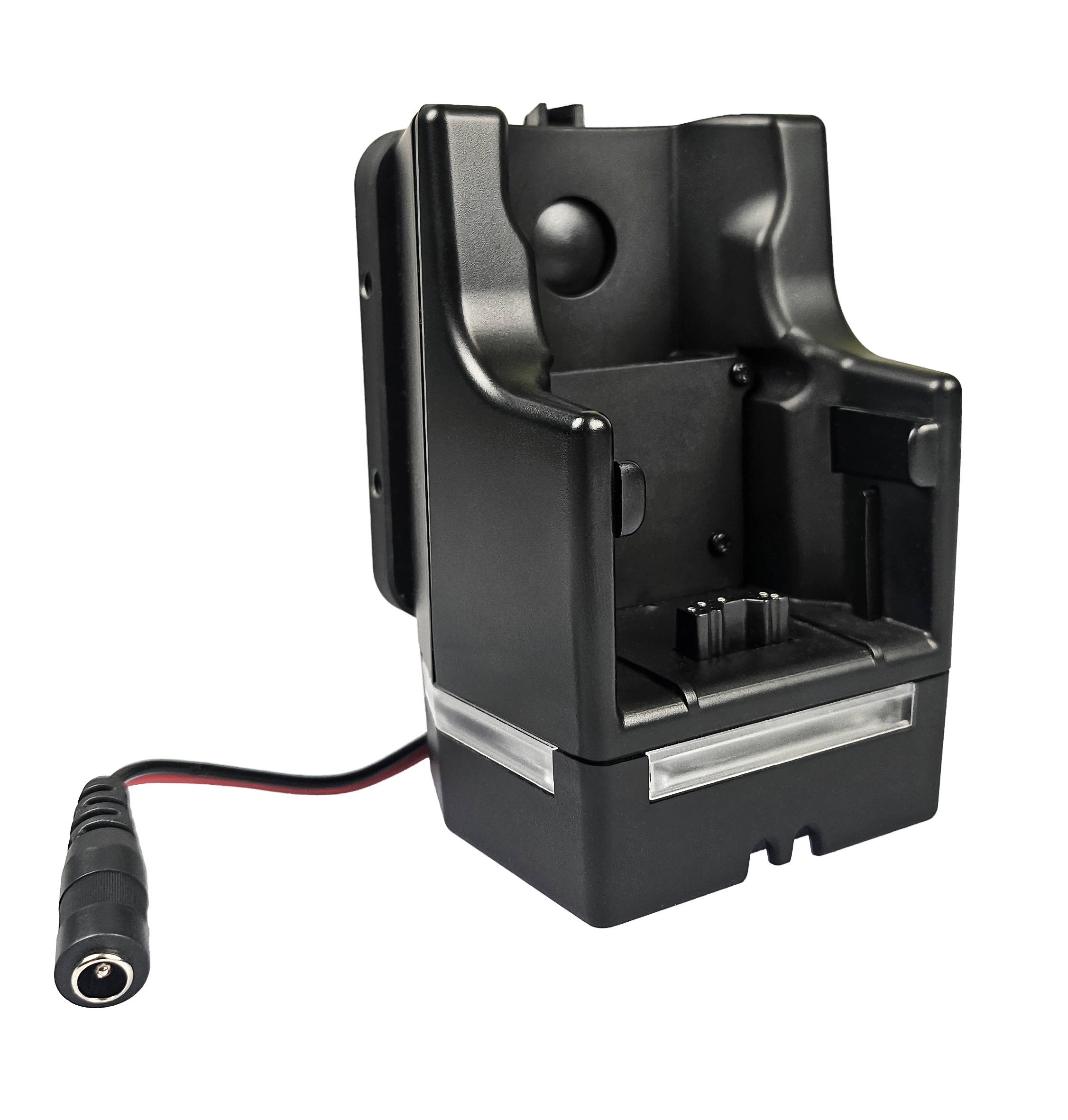 Black electric charging dock with cable connector.