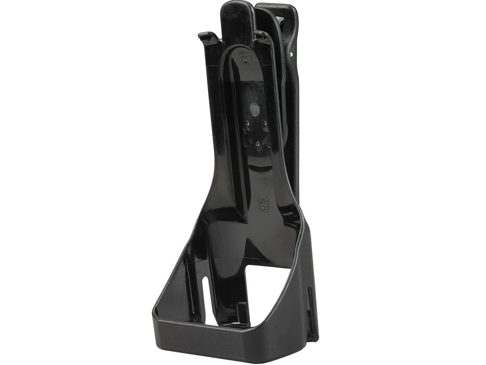 Black plastic device holder, upright.