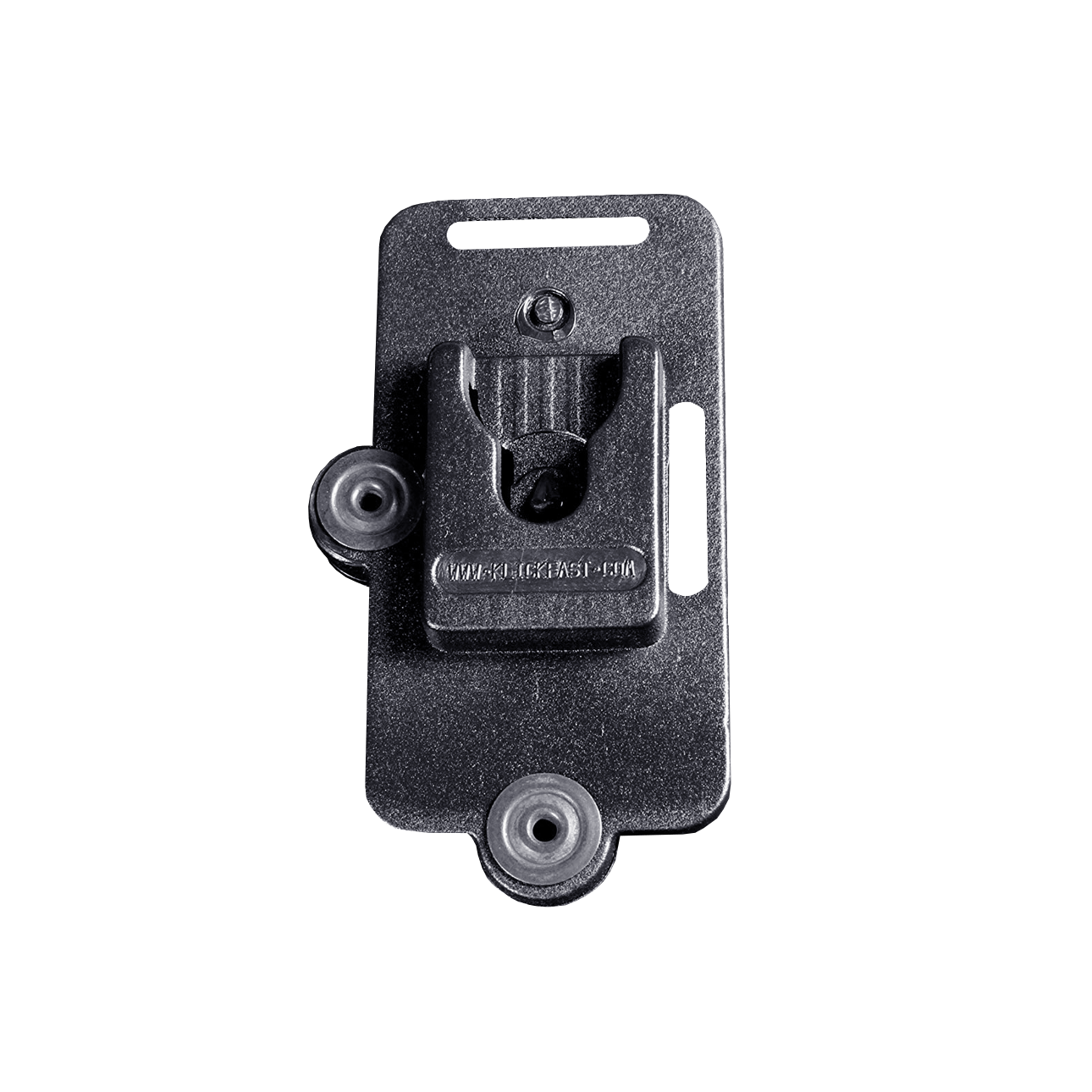 7000_00753685_MOT_01.png Black metal piece with screws and cutout for wall mounting.