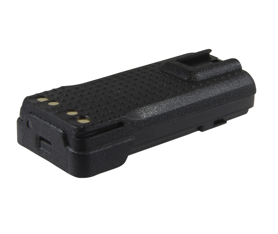 Black battery pack with four contacts and textured surface.