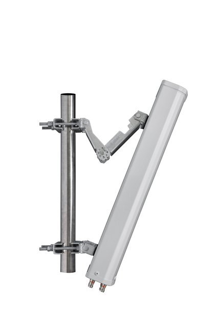 Mounted vertical antenna with metal bracket.