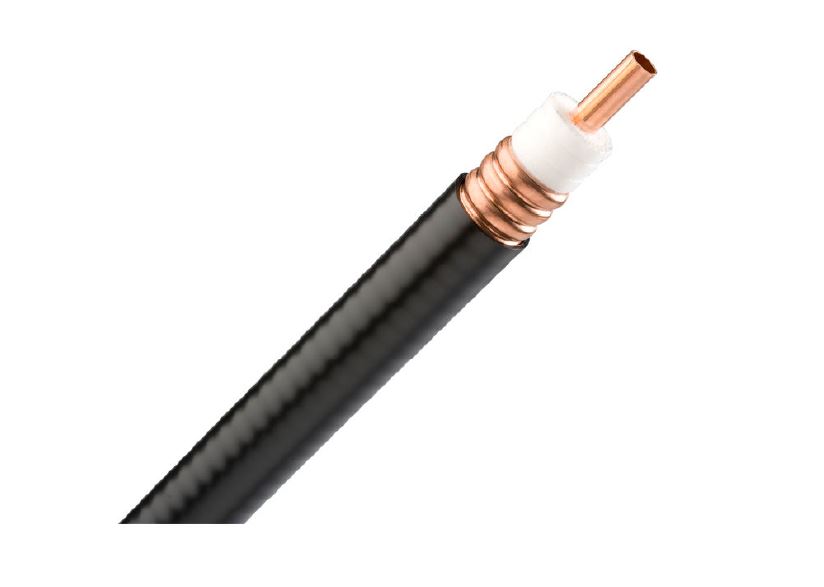Coaxial cable with copper core and black insulation.