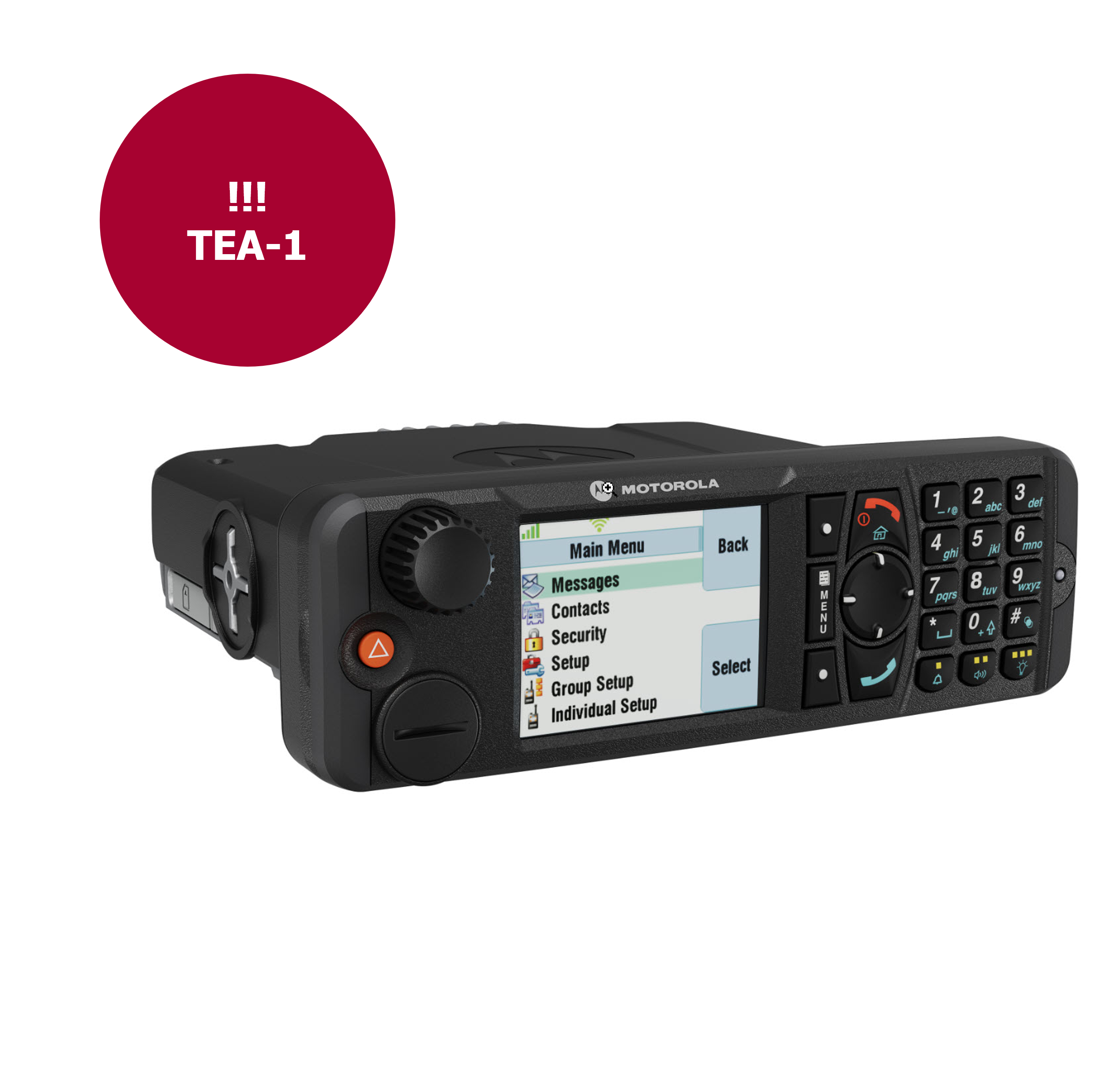 Black radio device with display, keypad, and rotary knob.