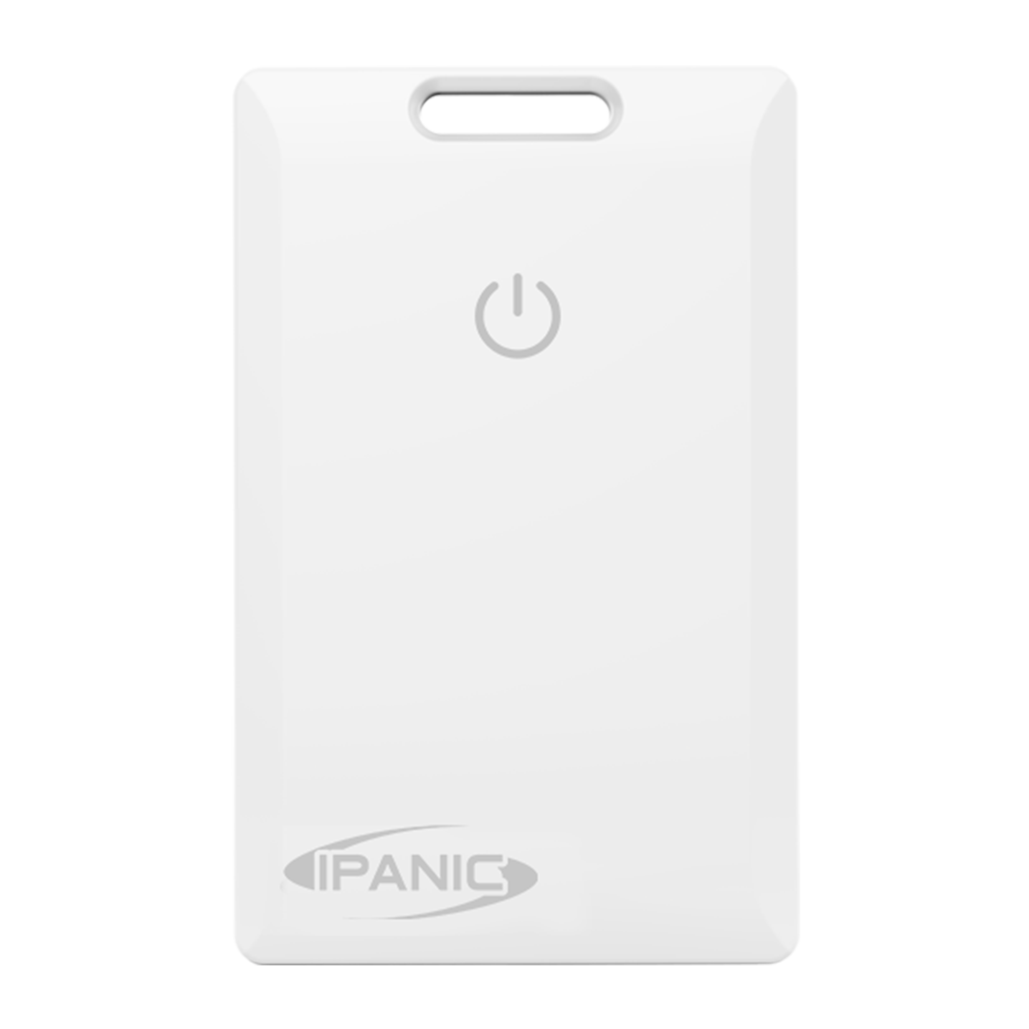 White plastic card with power icon and brand print.