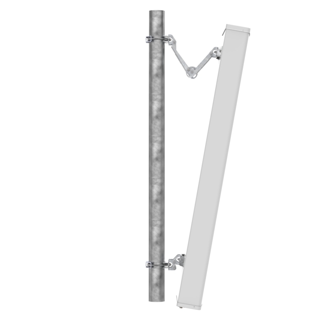 Metal pipe with an attached bracket and diagonally mounted rectangular structure.