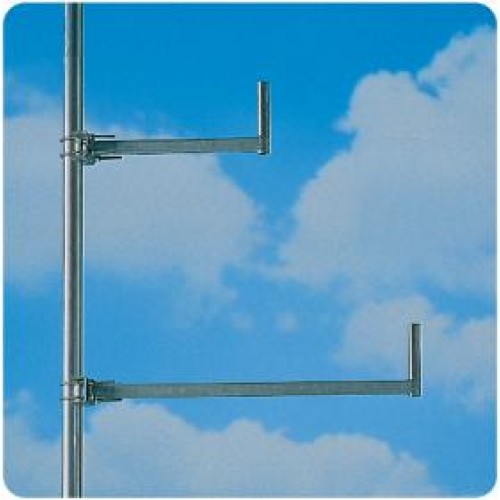 Two metal brackets on a pole against a blue sky with clouds.