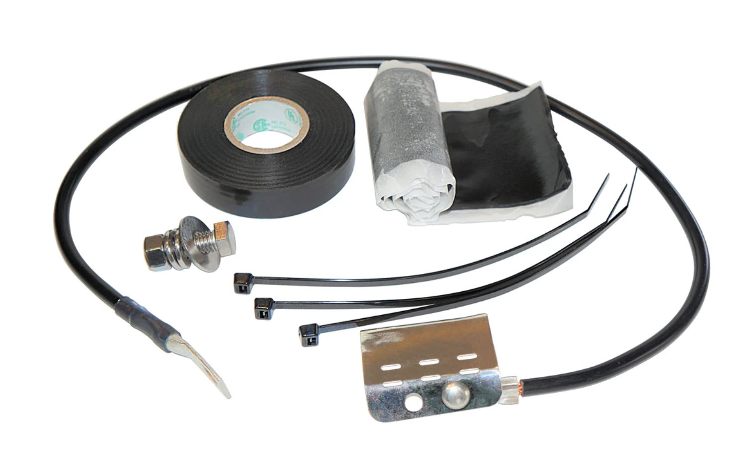 Installationsset mit Kabelbinder, Isolierband, Anschlusskabel und Metallklammer.