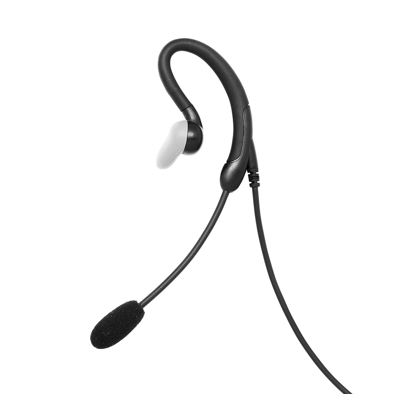 Black headset with ear hook and microphone.