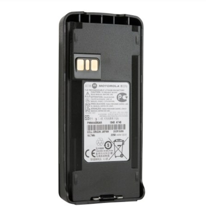 Lithium-Ionen-Akku mit Etikett, Kontakten und technischen Angaben.