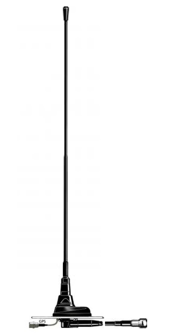 Black whip antenna with GPS and coaxial cables.