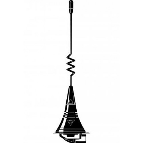 Black radio antenna with spiral shaft on white background.